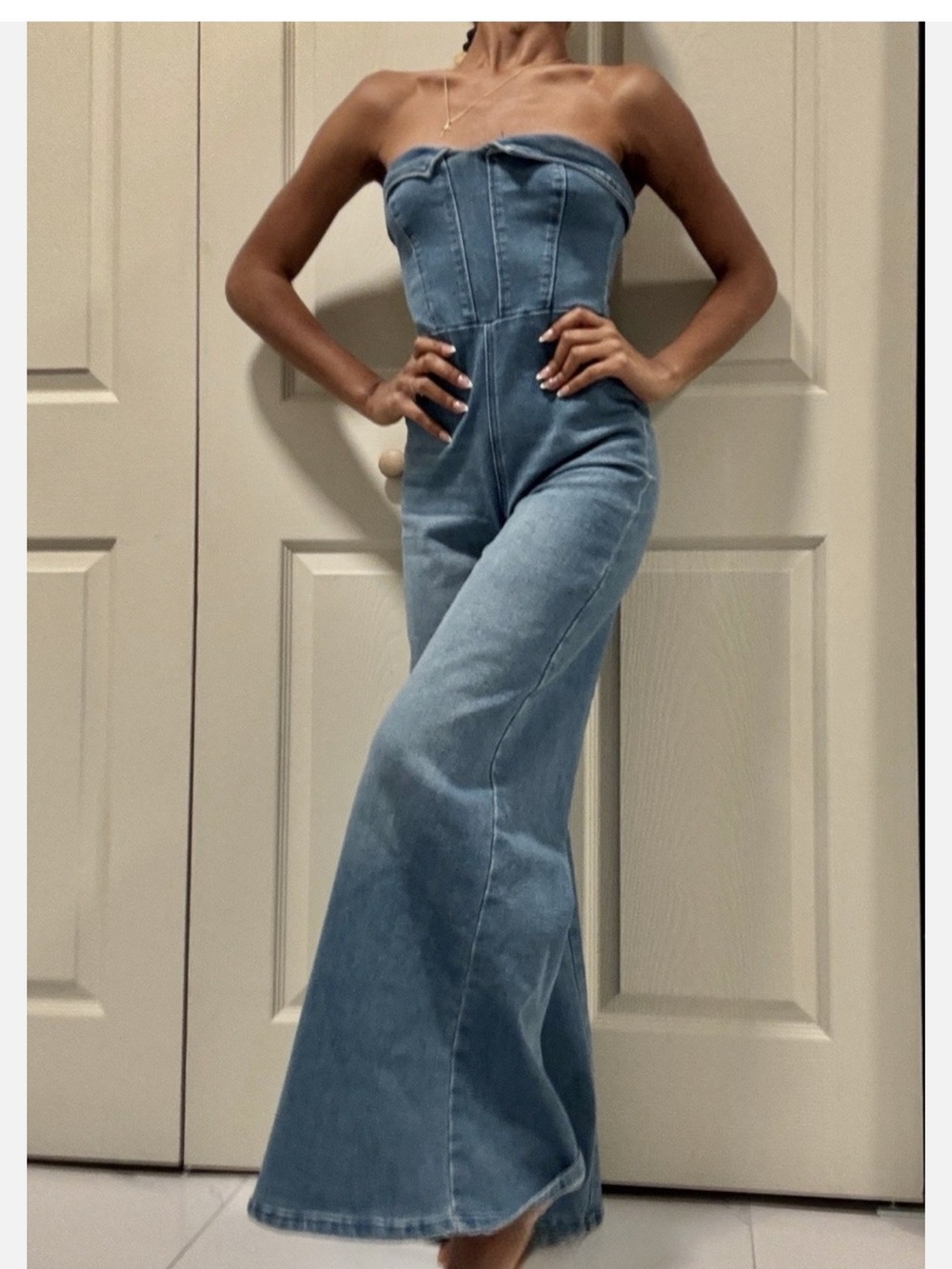 Forever 21 Strapless Light Blue Denim Wide-Leg Jumpsuit